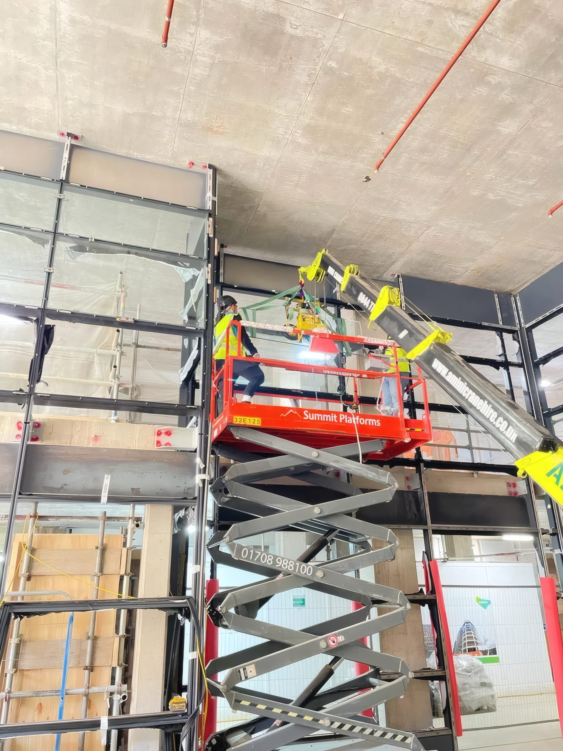 Curtain wall support steelwork at a corner junction.